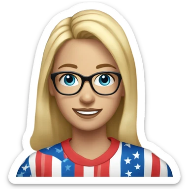 A woman wearing an American flag shirt, pretty, medium blonde hair, blue eyes, glasses, white teeth, freckles sticker
