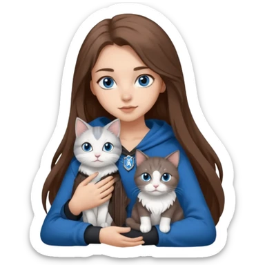 gorgeous Girl with light skin, blue eyes, long brown hair, wears a ravenclaw outfit, with a grey and white cat holding in her arms sticker