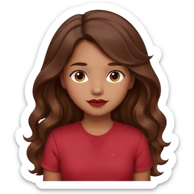 Light brown girl with long wavy brunette hair and blush, wearing dark red tshirt sticker