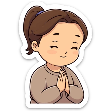 Photorealistic middle aged woman medium dark brown hair in ponytail light medium skin praying sticker
