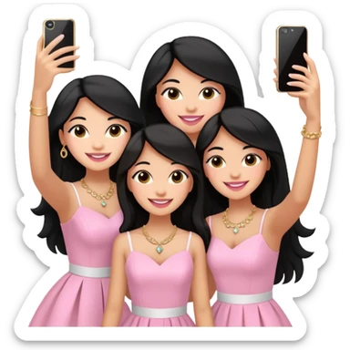 Just 3 besties with professional glammed up looks wearing pink and white, all medium skin tone smiling big with black long hair. Very girly wearing simple jewelry, taking a selfie  sticker