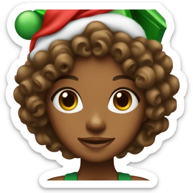 A brown skin girl with curly hair in a Christmas hat with a red and green gift in hand. sticker