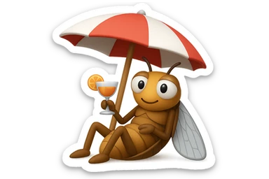 EMOJI STILE IPHONE 3D DI UNA CICALA CHE STA RILASSATA SEDUTA SOTTO L'OMBRELLONE IN SPIAGGIA CON UN COCKTAIL IN MANO, FAGLI GLI OCCHI CON LA PARTE BIANCA, NON SOLO LA PUPILLA sticker