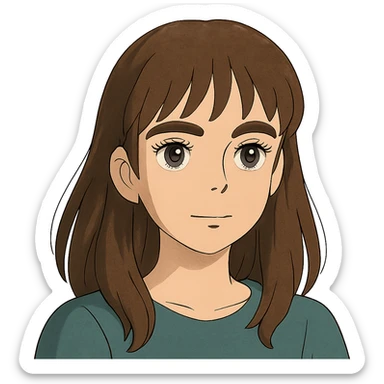 ghibli style pretty girl with thick eyebrows, straight brown hair and brown eyes, curled eyelashes sticker