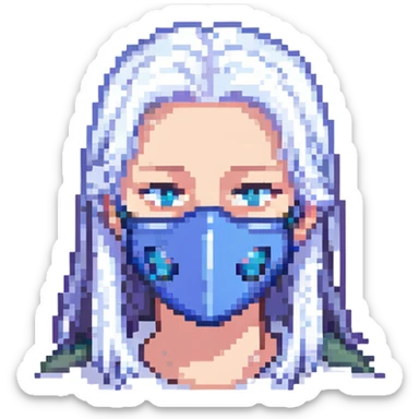 close-up of a teen face with blue mask and white hair, simple background sticker