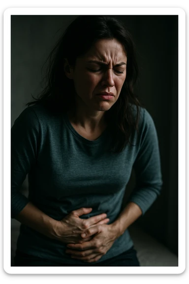 realistic and cinematic image of a woman with evident symptoms of premenstrual syndrome, severe abdominal cramps and irritability, suffering expression, clinical dramatic lighting, no text, vertical format 2:3 sticker
