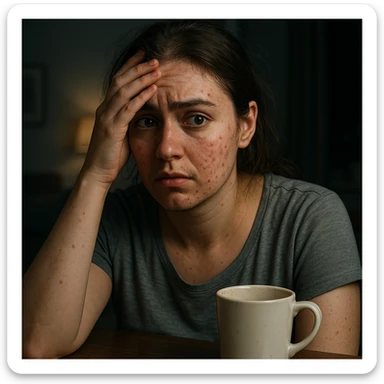 hyperrealistic 4K detailed image of a woman with PCOS and high cortisol, face with acne and chin hair, thinning hair, anxious expression, hand on forehead, empty coffee cup on the table, nighttime home environment sticker
