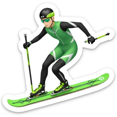 Xc ski racer in green and black clothing. Full body, skate skiing uphill sticker