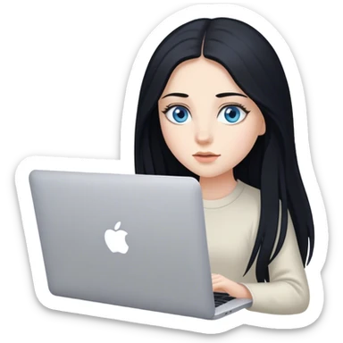 russian, girl, long black hair, blue eyes, beautiful girl with MacBook  sticker