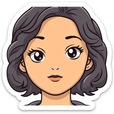woman face with big grey eyes, medium skin tone, and black wavy hair sticker