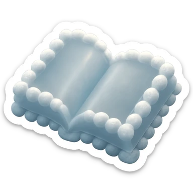 top view of a thick open book made entirely of small, very bright white fluffy convex clouds, matte glass style sticker