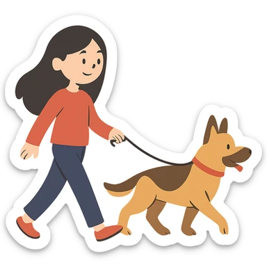 flat toon style girl with long black hair walking a German Shepherd sticker