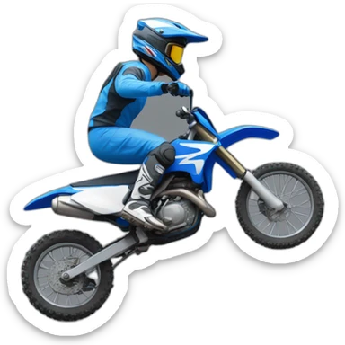 Person riding a blue dirt bike side profile with motocross helmet sticker