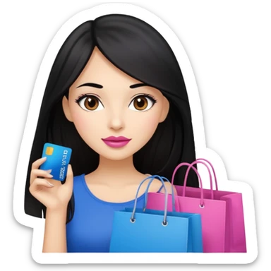 Girl with long black hair and crown, pink lipstick, brown eyes holding shopping bags and blue credit card sticker