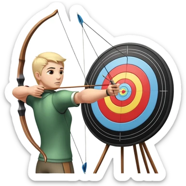 An archer pulling back a bowstring, aiming at a target in the distance. The target features concentric rings, and the scene conveys focus and precision. The background captures the essence of an outdoor archery range, highlighting skill and concentration in the sport. sticker