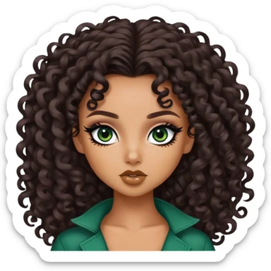 curly long dark brown hair, tan skin,  dark green iris, pretty bratz baddie, black eyeliner sticker