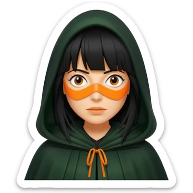 traitor tv show, person wearing dark green cloak with hood up who looks like claudia winkleman orange skin tone and thick black fringe sticker