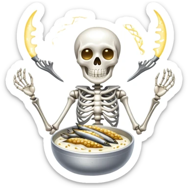 Silvery sardines, bright white yogurt, and golden sesame seeds orbiting around a glowing skeleton, with light beams connecting them to bones sticker