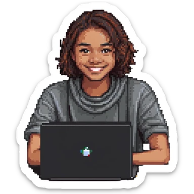 college student smiling in front of his laptop sticker