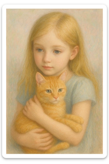 a blonde girl with blue eyes holding an orange tabby cat, soft pastel colors sticker
