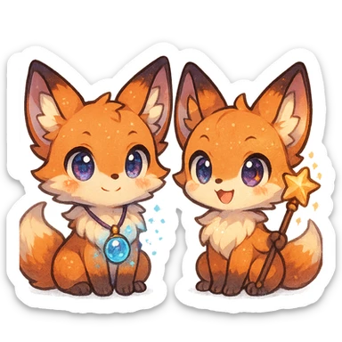 chibi anime style fox duo, both magical, one with a sparkling amulet, the other with a star-tipped staff, cute, colorful, detailed sticker