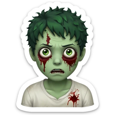 zombie character with green skin, messy short curly black hair, and no glasses. Give him large expressive eyes, a slightly frightened or eerie expression, subtle wounds, dark under-eye shadows, and a few cracks or dried blood marks on the face.  white shirt and no bleeding eyes **BLACK HAIR** sticker