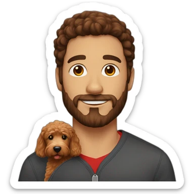 guy with dark brown hair holding red goldendoodle sticker