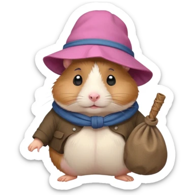 Cute fat cartoon-style hamster hobo carrying a bindle over its shoulder with a melancholy expression. sticker