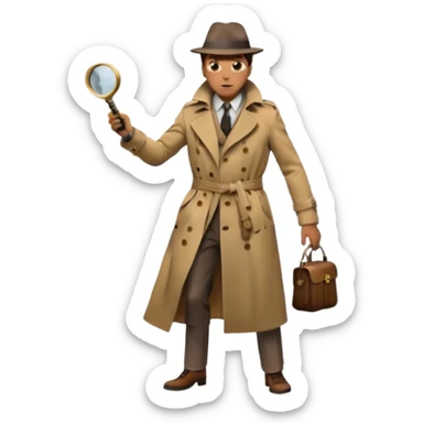 Icon for Detective Movie: A vintage movie poster-style design of a mysterious detective in a trench coat, holding a magnifying glass. Include dark alleyways, fog, and shadowy figures. The design should evoke a classic noir detective story with retro cinematic typography. Transparent background. sticker