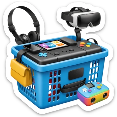 shopping basket with a gaming console, VR headset, and action camera emoji sticker