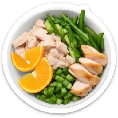 Poke bowl with chicken, avocado, orange, cucumbers and green beans; side view sticker