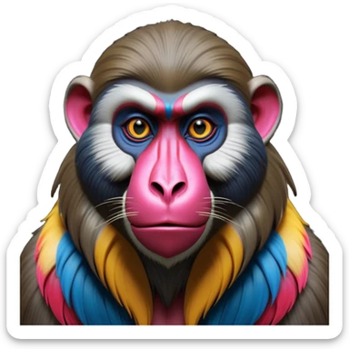 Cinematic Noble Mandrill Portrait Emoji, Poised and regal, with a striking, powerful build and a vivid, multicolored face accented by bold blue, red, and yellow hues, deep-set soulful eyes, Simplified yet sharp and sophisticated features, highly detailed, glowing with a vibrant, dignified glow, high shine, intelligent and commanding, stylized with an air of exotic majesty, focused and attentive, soft glowing outline, capturing the essence of a watchful and confident primate, so majestic it feels as though it could step out of the screen with effortless authority! sticker