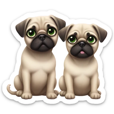 Baby pug with big green eyes sitting next to a baby pug with pink eyes  sticker