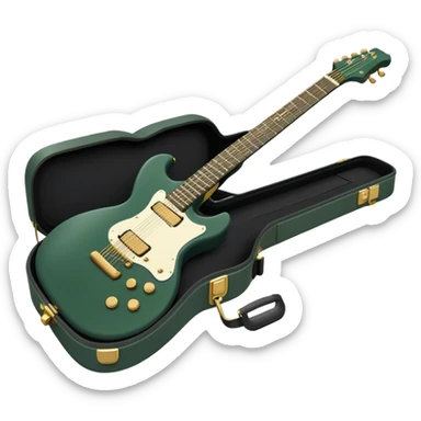 minimalist electric guitar in dark green, closed inside a black rectangular hard case with gold latches, soft matte textures, simplified details, compact artistic look sticker