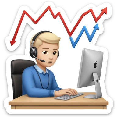 A person sitting at a desk working and looking at a computer with upward arrows and percentage signs, suggesting digital sales, marketing, or outreach. sticker