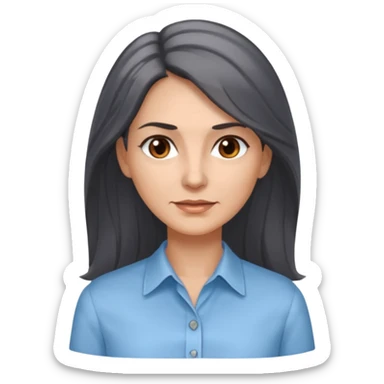 vit 50-årig kvinna med grå slingor i jättelångt mörkbrunt hår bruna ögon ljusblå skjorta med översta knappen uppknäppt sticker