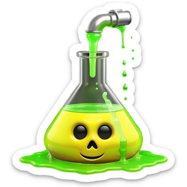 3D render of Spilled Flask, toxic waste aesthetic, neon green bubbling liquid, caution yellow metal, industrial warning texture. sticker