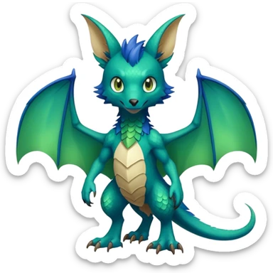Cute cool fantasy animal hybrid bat-Sergal-Digimon-Fakemon full body, green scales, brown eyes, blue feathers sticker