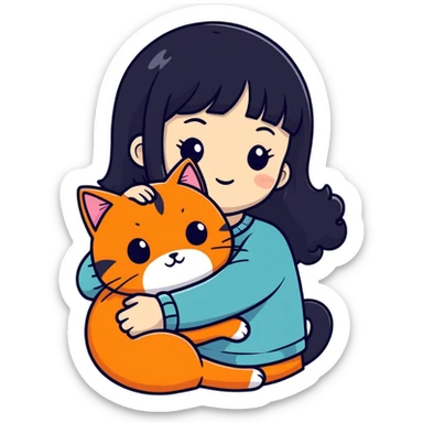 black haired girl hugging an orange cat sticker