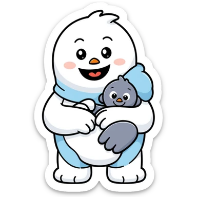 Abominable Snowman hugging a little person, cartoonish sticker style sticker