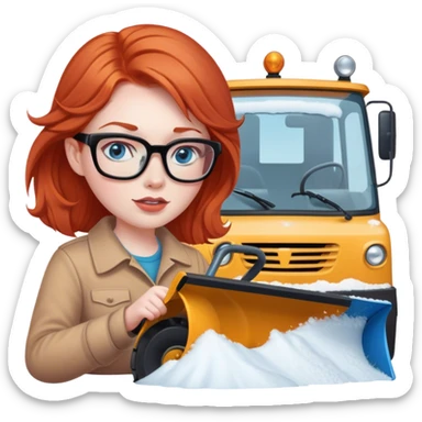 a light red headed lady, pale with blue eyes and glasses driving a snowplow sticker