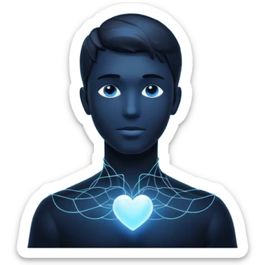 elegant man silhouette with delicate interconnected lines and floating orbs, luminous cores at head and heart, soft white-blue light sticker