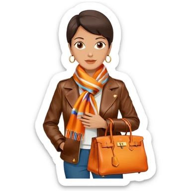 Mature woman wearing a dark brown leather Hermes jacket and a multicolored silk scarf around her neck. She has a large orange Hermes Birkin Bag. I want the image to be close up, starting from the waist up.  sticker