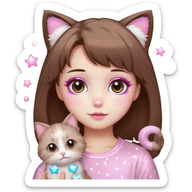 kawaii soft girl, short brown hair, pink makeup, skincare, sparkles, two fluffy light brown ragdoll cats, pink soft girl aesthetic sticker