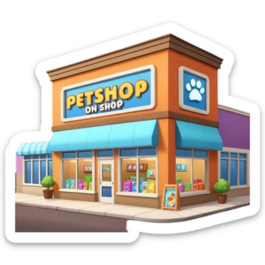 Modern building of a pet shop with a big glowing sign that says PETSHOP on the front. Colorful storefront, large windows showing pet products inside, cute animal illustrations on the walls, warm and friendly atmosphere, daytime, high-quality detailed render sticker