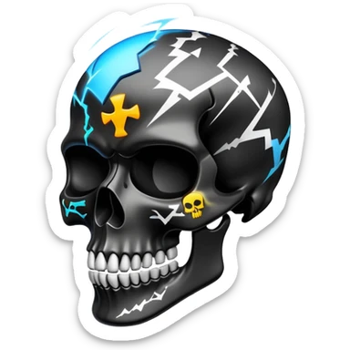 sleek black skull with electric graffiti designs and high-end fashion logos, dramatic three-quarter view sticker