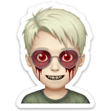 Zombie emo boy, chrome heart glasses and a scary smile, scars and blood under eyes sticker