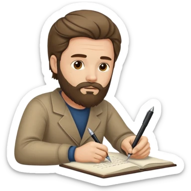 un escritor con barba y cabello medio largo, escribiendo sticker