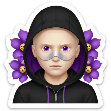 non human male cartoon character related to a shadow, with all black clothes, focusing a black hoodie, and a black versace face mask covering his entire face, just his purple shadow eyes making a light bloom sticker