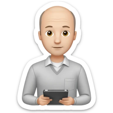 man mid 30's shirt and trousers balding hairline standing holding a clipboard sticker